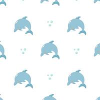 Nautical summer pattern with funny dolphin and bubbles vector