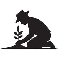 Silhouette of Farmer Planting Sapling in Soil vector