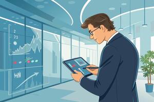 A cartoon business character using a tablet with floating graphs and analytics data. Modern and tech-forward design, perfect for business reports, marketing strategy vector