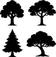 set of black tree silhouettes featuring four unique tree shapes including oak, pine, and curved trunk styles. Ideal for nature graphics vector