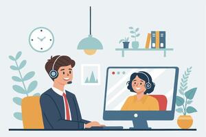 Cartoon Business Character on Call with Client ,Remote Meeting vector