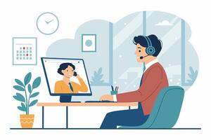 illustration of a business character having a call with a client. Features split screen, headset, and modern remote work environment. Ideal for communication vector