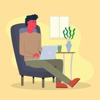 man sitting on a sofa with laptop and coffee, working everywhere, relax while working, flat illustration vector