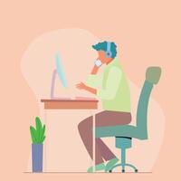 illustration of a man working on a computer while calling, work from home, hardworking freelancer, flat illustration vector