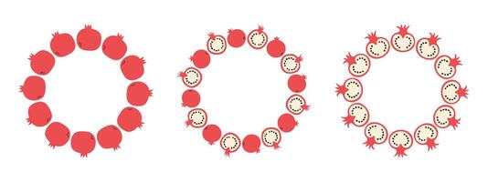 Fruit frame set. Pomegranate design template, copy space. Cute hand drawn fruits round frame in doodle style. Circular template. Hand drawn fruits circle border. vector