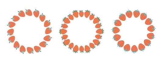 Fruit frame set. Strawberry design template, copy space. Cute hand drawn fruits round frame in doodle style. Circular template. Hand drawn fruits circle border. vector