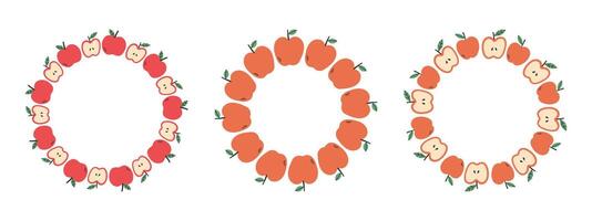 Fruit frame set. Apple design template, copy space. Cute hand drawn fruits round frame in doodle style. Circular template. Hand drawn fruits circle border. vector