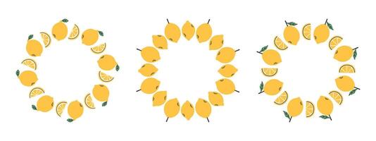 Fruit frame set. Lemon design template, copy space. Cute hand drawn fruits round frame in doodle style. Circular template. Hand drawn fruits circle border. vector