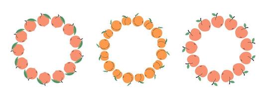 Fruit frame set. Peach design template, copy space. Cute hand drawn fruits round frame in doodle style. Circular template. Hand drawn fruits circle border. vector
