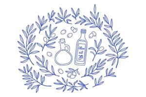 Simple olive branch oil set in line art mediterranean blue. Olive hand drawn sketch set in doodle style isolated on white background. Olive line art set of branch, glass bottle of oil vector