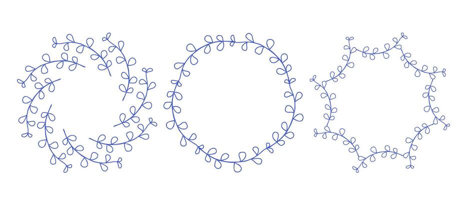 Mediterranean blue branches circle frame set. Hand drawn round line border, leaves and flowers, wedding invitation and cards, logo design and posters template. Elegant minimal style set