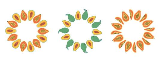 Fruit frame set. Papaya design template, copy space. Cute hand drawn fruits round frame in doodle style. Circular template. Hand drawn fruits circle border. vector