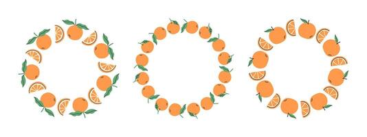 Fruit frame set. Orange design template, copy space. Cute hand drawn fruits round frame in doodle style. Circular template. Hand drawn fruits circle border. vector