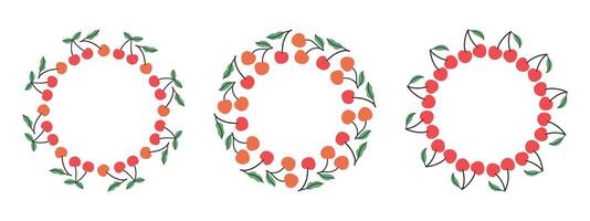Fruit frame set. Cherry design template, copy space. Cute hand drawn fruits round frame in doodle style. Circular template. Hand drawn fruits circle border. vector