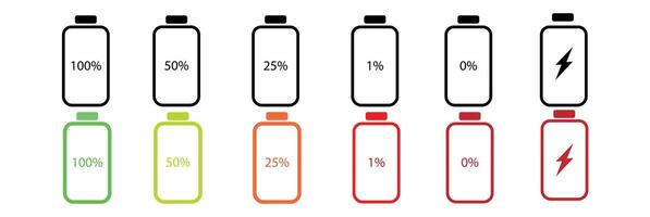 Battery icon set. Battery charge level icons. Battery Charging indicator in thin line and flat icon collection. vector