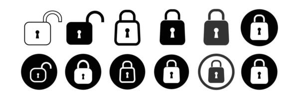 Lock icon collection of different style. Locked and unlocked black and white line icon set. Flat security icon. vector