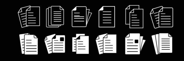 Set of white color document related line icons. File, page, form, report, search, list etc. Editable stroke. vector
