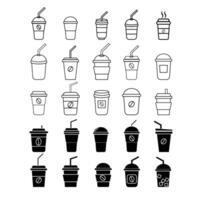Collection of thin line icons of disposable cups for coffee and tea. Linear sign and editable stroke. Suitable for web sites, Coffee paper cup, plastic container for hot and cold drink, juice, tea. vector