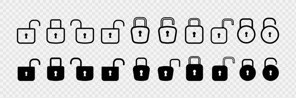 Lock icon set. Locked and unlocked black line icon set. Padlocks flat and linear style icon. vector
