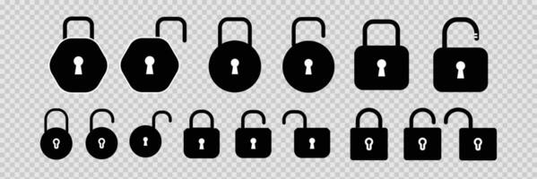 Lock icon set. Conceptual lock signs. Padlocks flat and linear style. Locked and unlocked black line icon set. vector