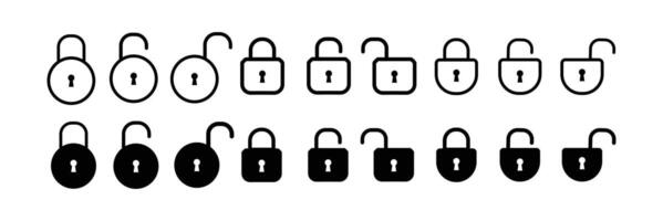 Lock icon collection. Locked and unlocked black line icon set. Flat security icon. vector