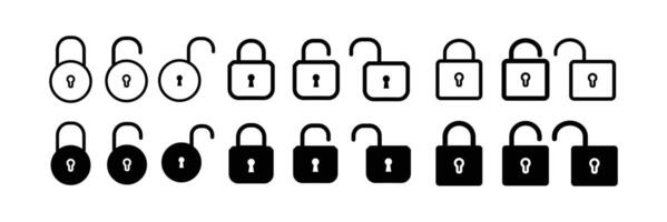 Lock icon collection. Locked and unlocked black line icon set. Flat security icons. vector