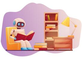 artificial intelligence robot learns from books while sitting in the library vector