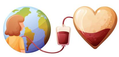concept for world donor day, heart with blood, transfusion for the whole planet vector