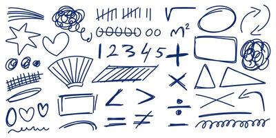 Hand drawn doodle set of scribble, circle, rectangle, star, arrow, minus sign, plus sign, root symbol, number and more. vector