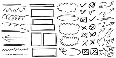 Hand-drawn sketch elements collection of checkmark, crossmark, rectangle, bubble, arrow, highlight, circular, arrows, stars, love and swirl. vector