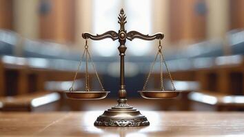 A justice scale sits on a wooden table in a courtroom photo