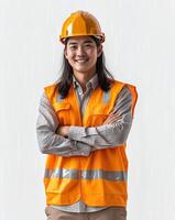 Asian male construction worker in orange vest standing in front of white background photo