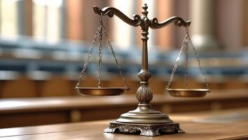 A scale of justice is on a wooden table photo