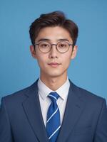 Young man in blue suit and glasses photo