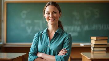 A woman in a classroom with her arms crossed photo