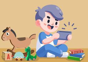 A boy is playing a game on a tablet intently. vector
