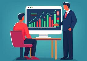 Businessman introduces clients and analyzes data or presents business graphs. vector