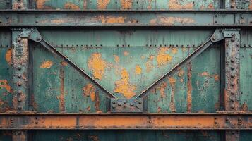 Close-Up of Corroded Metal Surface with Peeling Paint, Structural Beams, and Industrial Grunge Texture in Vibrant Green and Orange Tones photo