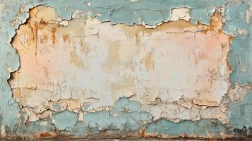 Old Weathered Wall Surface Featuring Flaky Paint and Distressed Plaster in Earthy Pastel Colors and Rust Stains photo