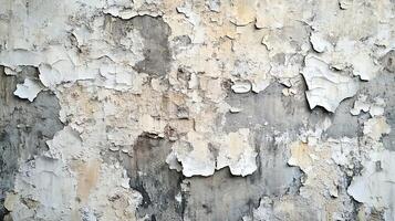 Close-Up of an Old Concrete Wall with Large Areas of Flaking Paint, Grunge Texture, and Signs of Age and Moisture Damage photo