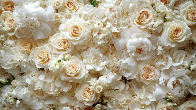Luxurious Close-up of Cream and Ivory Rose Arrangement with White Peonies and Petals Creating Elegant Textured Background photo