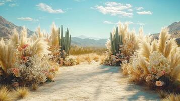 Breathtaking Desert Wedding Ceremony Backdrop with Elegant Floral Installations, Towering Pampas Grass and Columnar Cacti Against Mountainous Landscape Under Clear Blue Sky photo