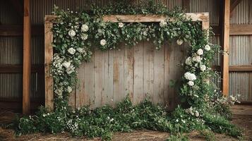 Rustic Barn Wedding Photography Backdrop with Weathered Wood Panel Wall, Lush Eucalyptus Greenery Arch and White Hydrangea Accents Against Corrugated Metal Interior Setting photo