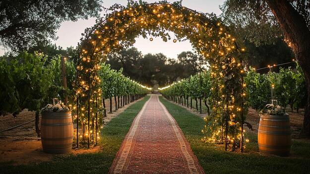 romántico crepúsculo viñedo Boda preparar con brillante circular arco, decorativo alfombra pasarela, y rústico vino país atmósfera foto