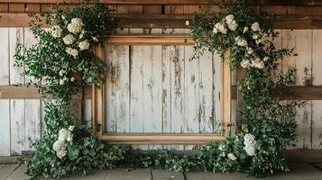 Elegant Rustic Wedding Arch with Fresh Greenery and White Hydrangeas on Distressed White Wooden Barn Background photo