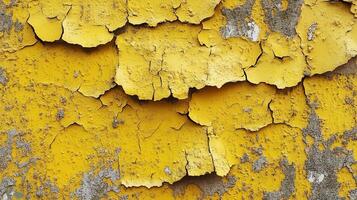 The yellow wall has peeling paint and is covered in dirt photo