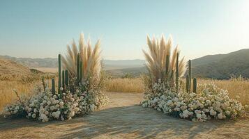 Luxury Outdoor Wedding Aisle in Arid Landscape with Elegant Floral Design Combining White and Cream Blooms, Dramatic Pampas Grass and Native Cacti with Sweeping Desert Mountain Backdrop photo