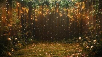 Enchanted Forest Wedding Backdrop with Twinkling Fairy Lights and Lush Greenery photo