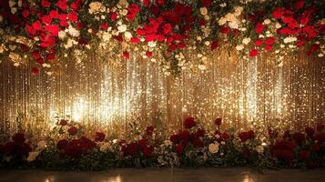 Elegant Wedding Backdrop with Golden Sequin Curtain and Luxurious Red and White Rose Floral Arrangements photo