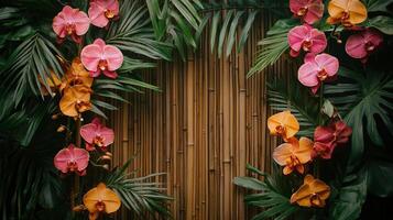 Elegant Destination Wedding Backdrop Featuring Bold Orange and Pink Orchids Against a Bamboo and Palm Leaf Setting photo